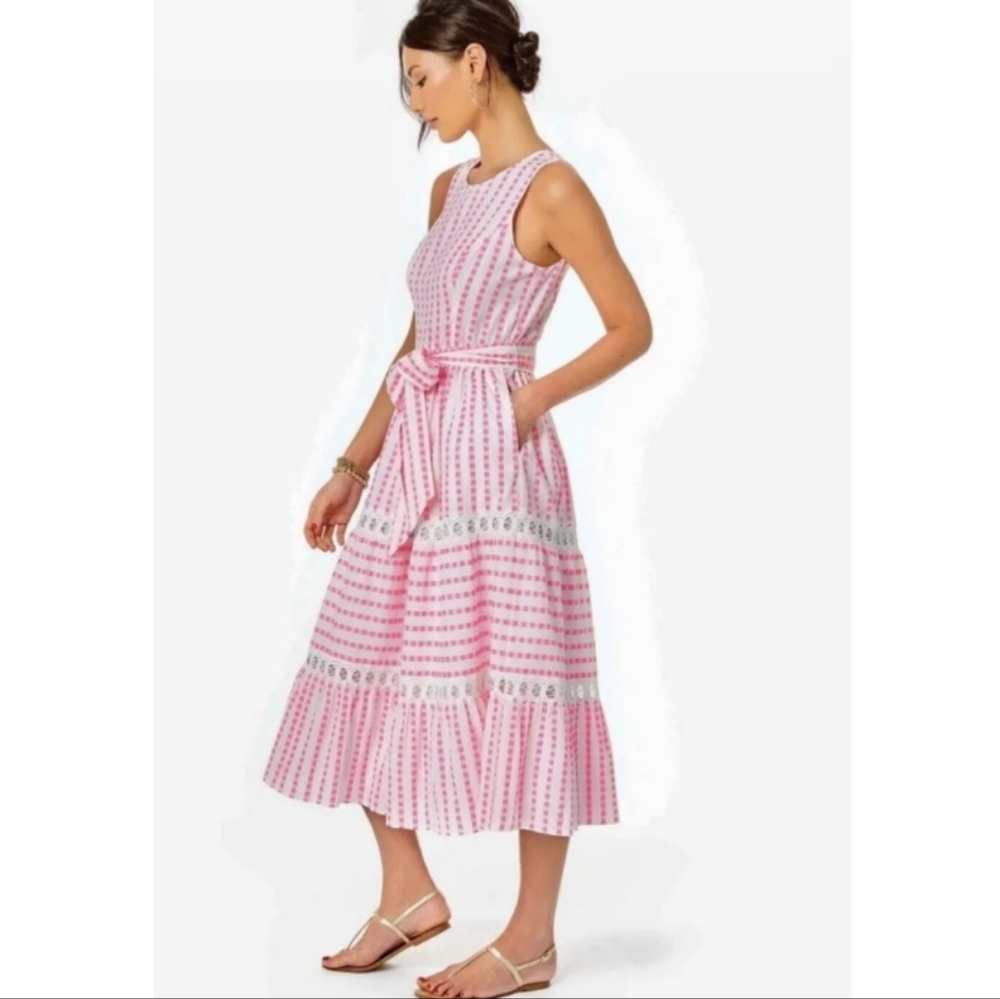 Lilly Pulitzer Maybella Tiered Midi Dress Pink Isle Gingham Lace Insert 6 - Picture 3 of 16